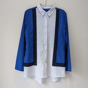 White Shirt with Blue/Black Color Block Print